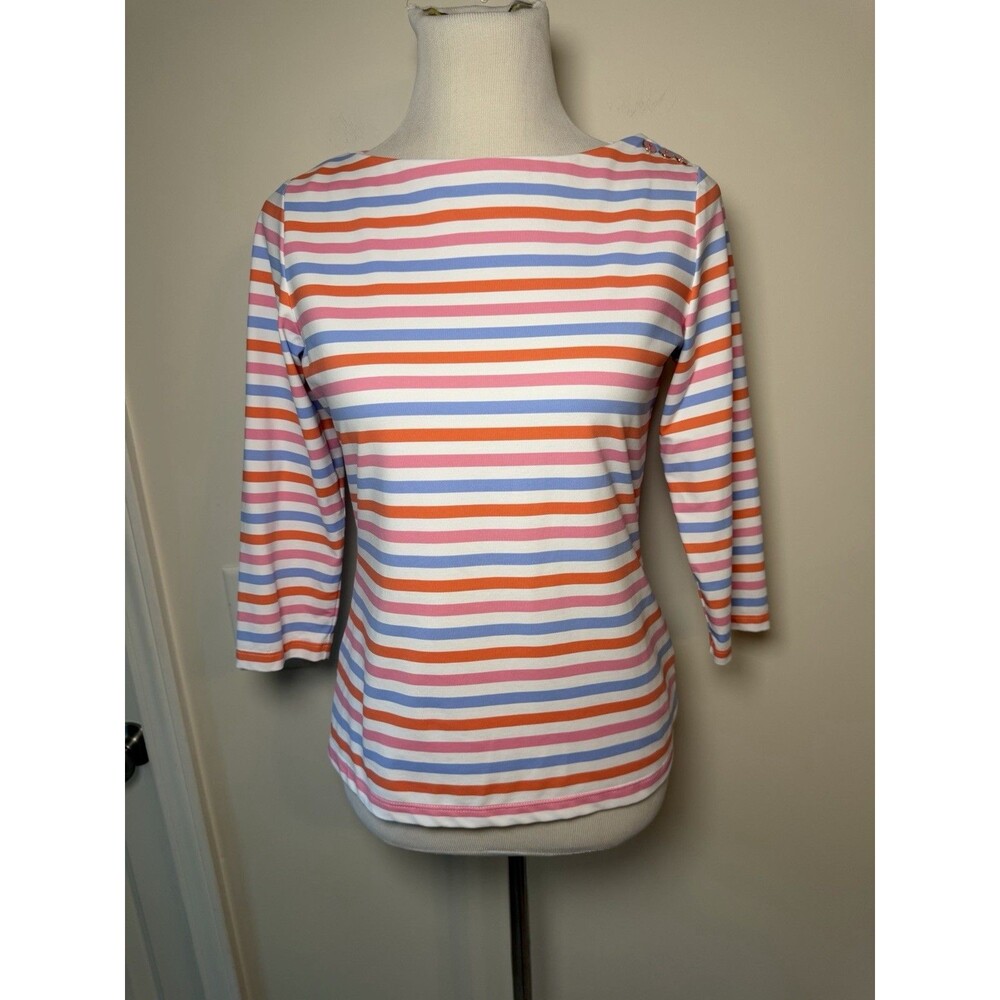 J.McLaughlin Shirt Catalina Cloth Blue Orange White Stripe Boat Neck Top Small